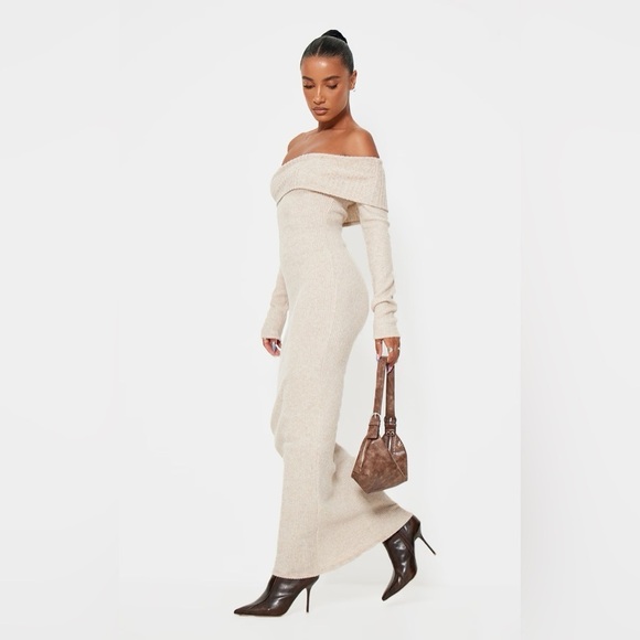 PrettyLittleThing Dresses & Skirts - PrettyLittleThing off shoulder knit Maxi sweater dress beige cream size 20